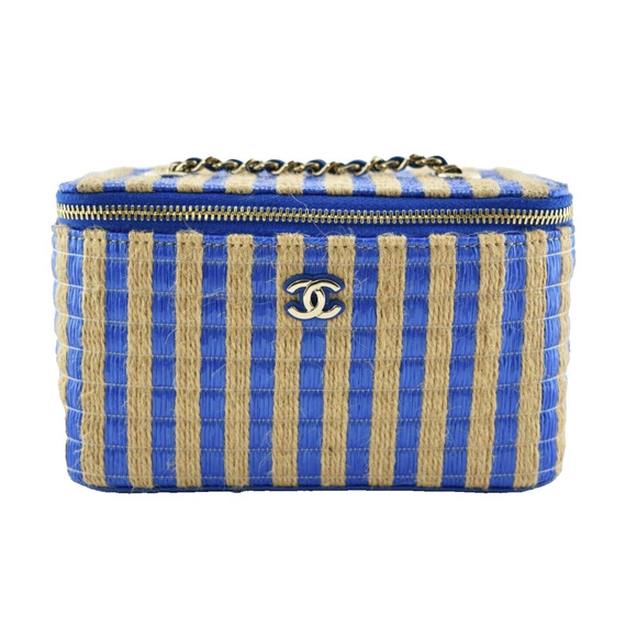 Chanel 21P Blue Beige Raffia CC Small Vanity With Chain Shoulder Crossbody Bag - Picture 1 of 12